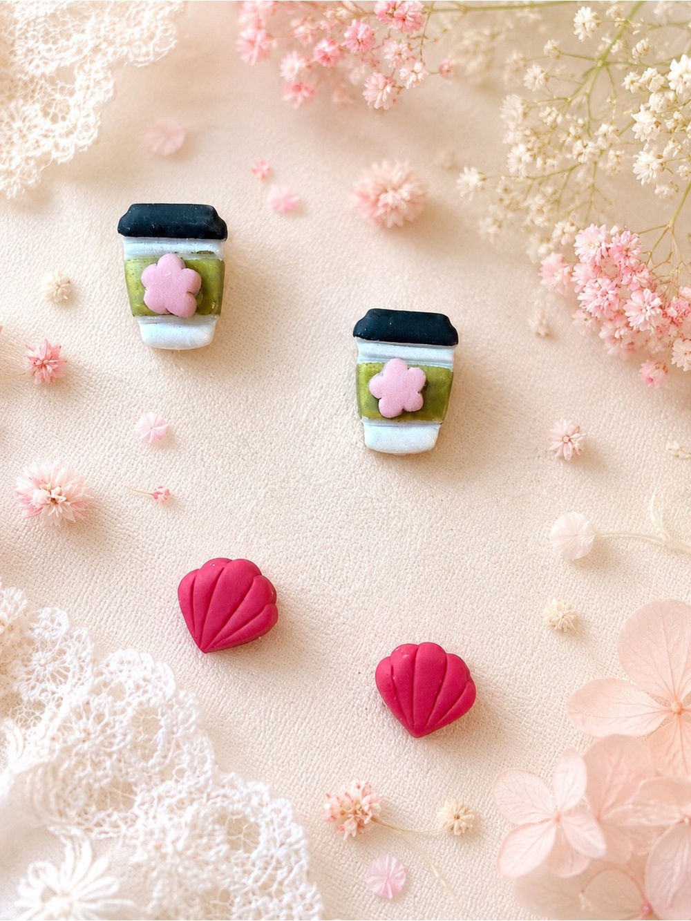 Cute Latte and Shell Stud Handmade Polymer Clay Earrings